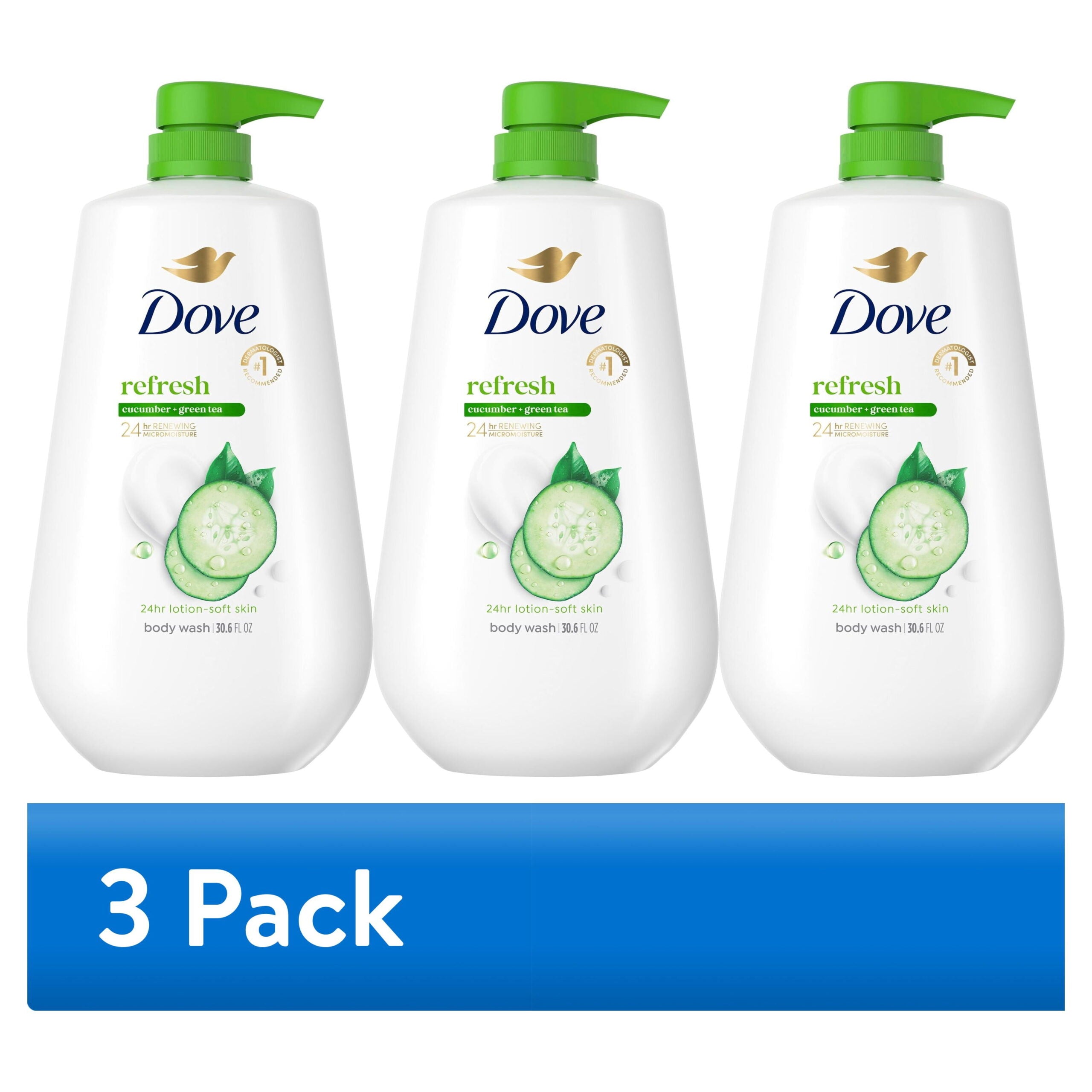(3 pack) Dove Body Wash With Pump for 24hr Lotion-Soft Skin Refresh Cucumber & Green Tea Moisturizing Skin Cleanser with No Sulfates No Parabens, 30.6 fl oz image 0