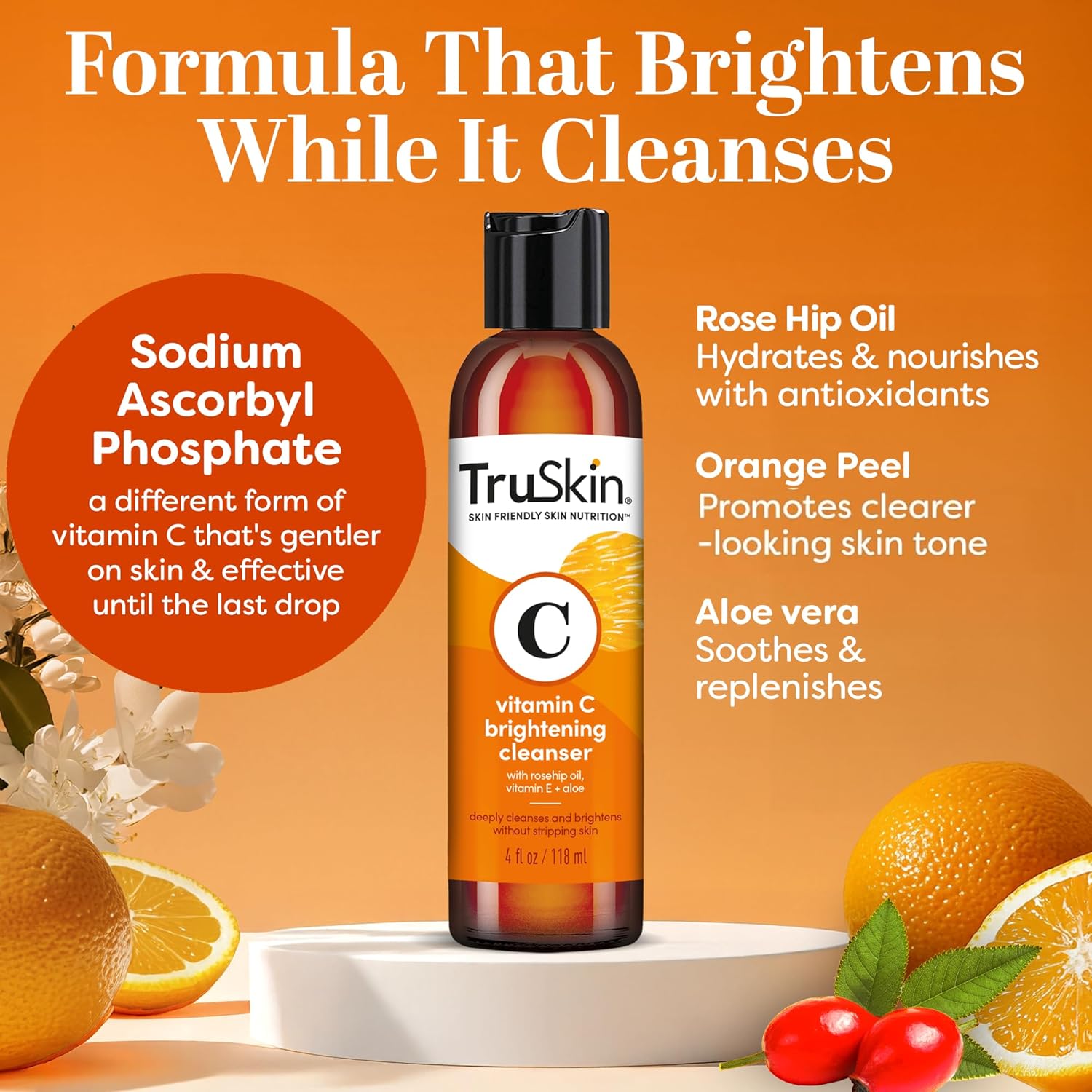 TruSkin Vitamin C Face Wash Cleanser - Brightening Facial Cleanser with Vitamins C & E, Rosehip Oil, Aloe Vera & MSM - Gently Cleanses, Refreshes & Supports Radiant Skin - 4 fl oz image 1